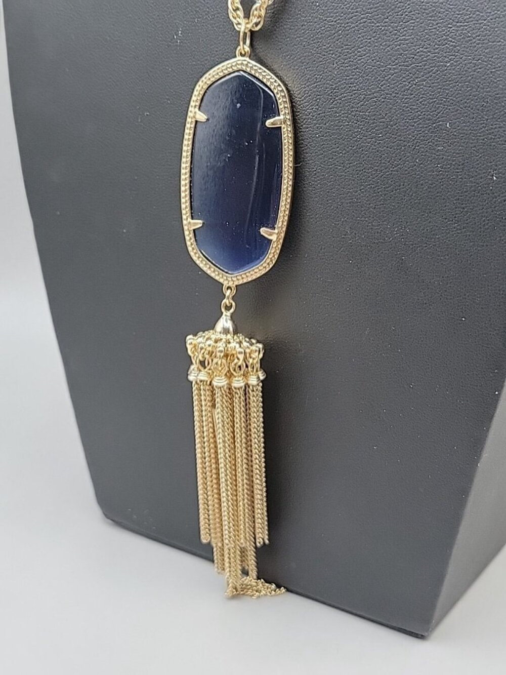 Kendra Scott Rayne Necklace 14kgp Navy Blue Faux Cats Eye Tassel Pendant 30" - Picture 7 of 14